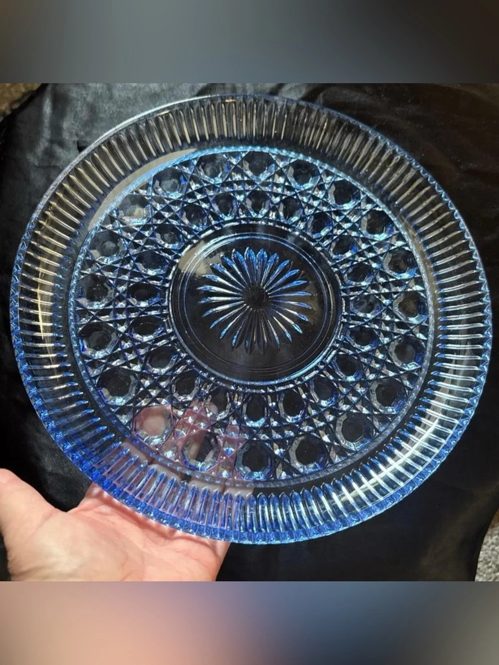 Federal Glass Pattern Windsor Button & Cane 11 in Blue Depression Glass platter